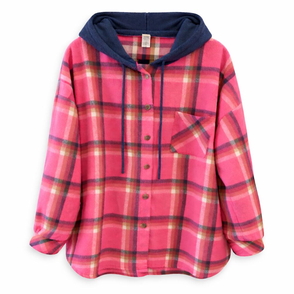 Pink Plaid Hooded Shirt Button Down Flannel Shacket Style